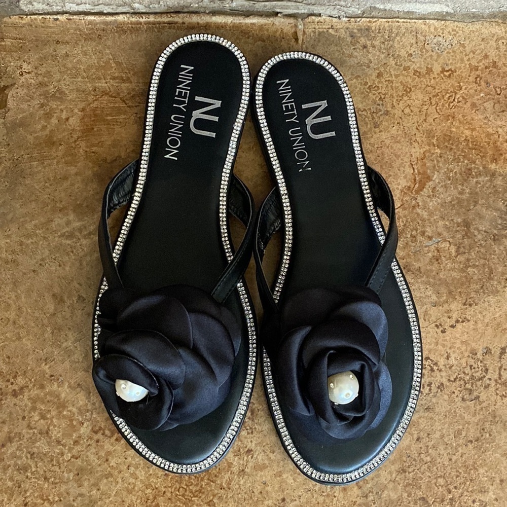 Ninety Union black, satin,‎ crystal, and pearl flower thong sandals
